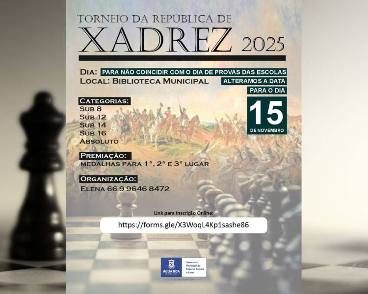 Xadrez em foco: Torneio da República será no dia 15/11 e inscrições permanecem abertas ao público
