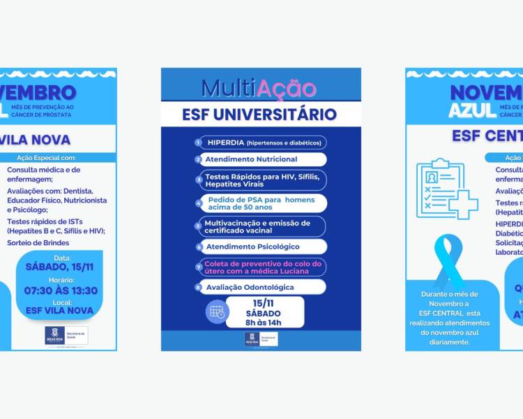 Atenção, Água Boa: Ações especiais de saúde neste sábado (15) e na quarta (26) nas ESFs Vila Nova, Universitário e Central