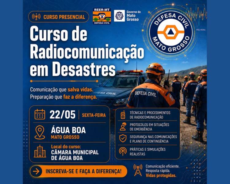 Água Boa terá curso gratuito de Radiocomunicação em Desastres com certificação da Defesa Civil 