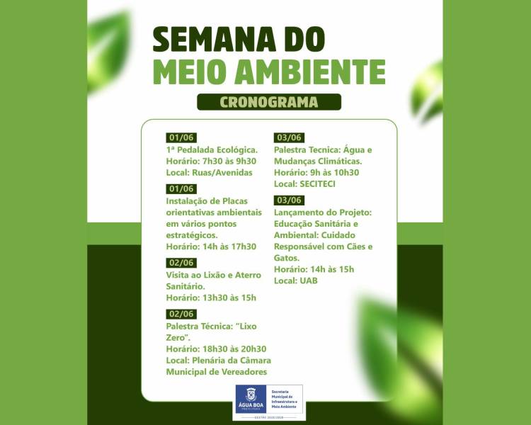 Vem aí: Semana do Meio Ambiente com ampla programação educativa em Água Boa