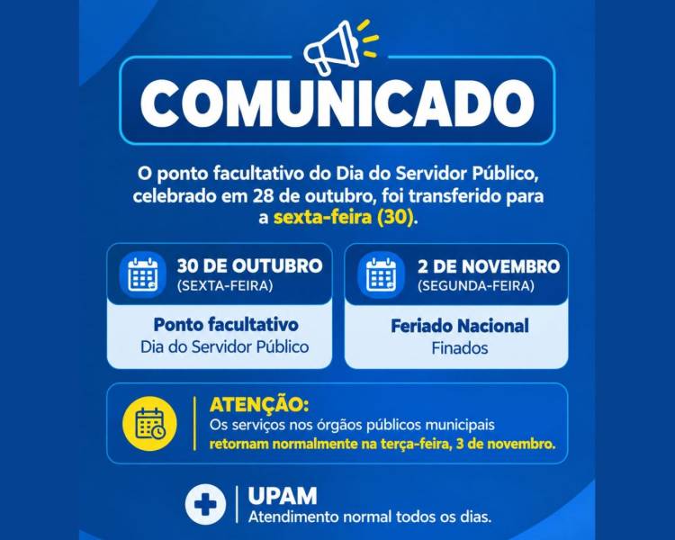 Prefeitura transfere ponto facultativo do Dia do Servidor Público para 30 de outubro