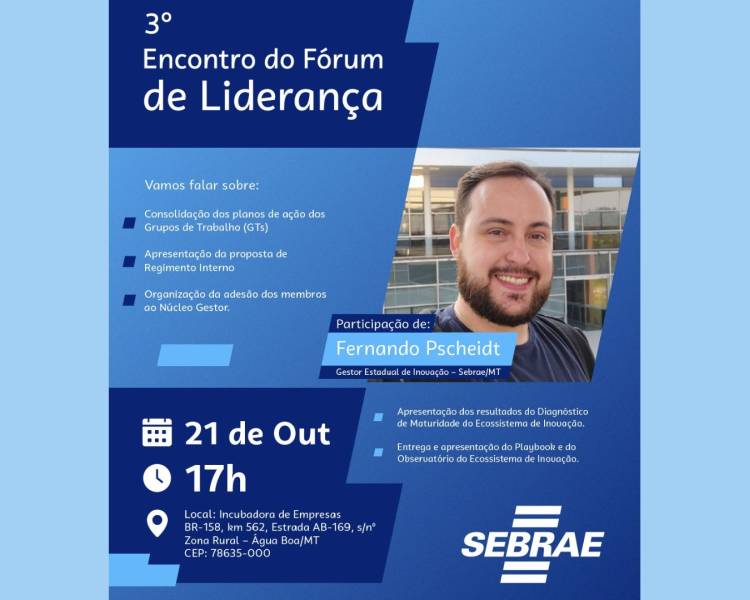 Água Boa vai realizar 3º Encontro do Fórum de Lideranças do Ecossistema de Inovação